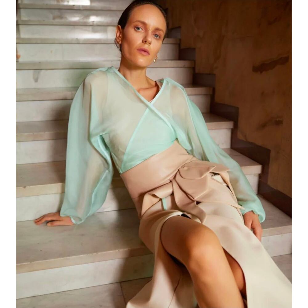 Julia Allert Sheer Wrap Organza Blouse Mint Green Tie Front XL NWT
